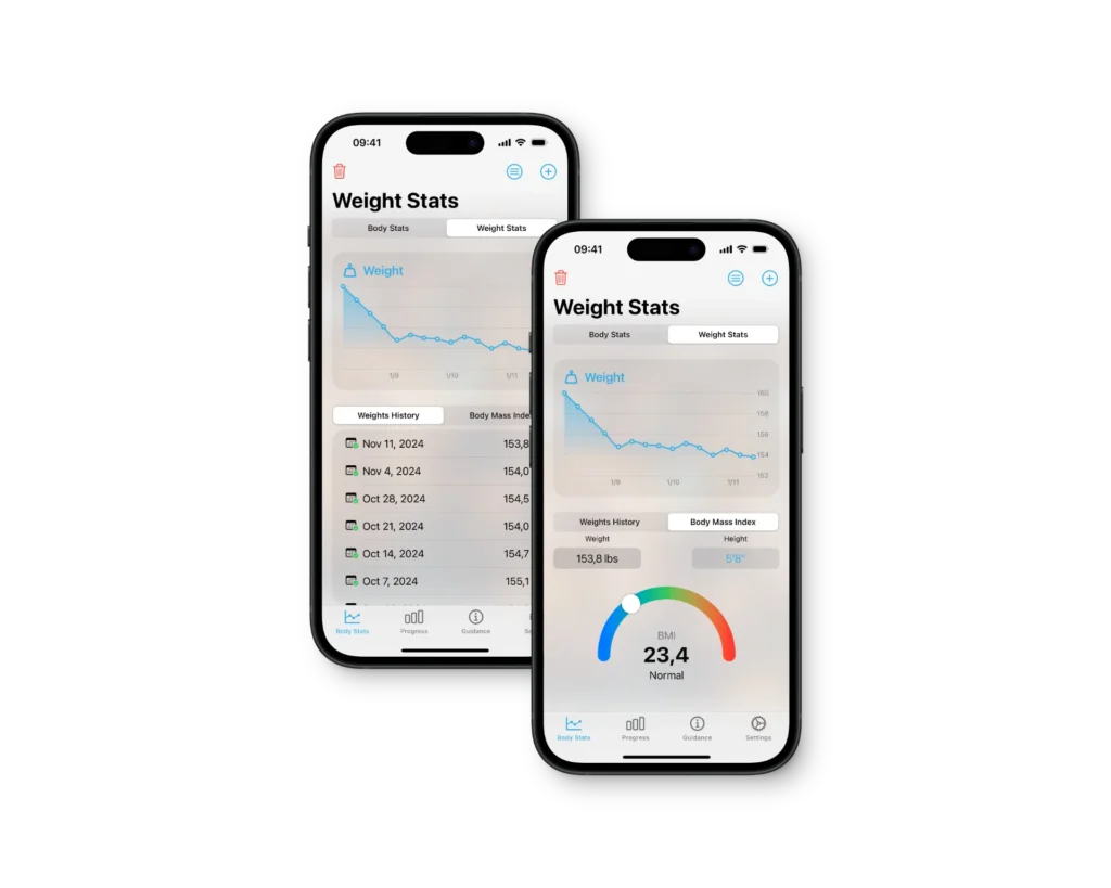 Two smartphone screens showcasing the Body Measurement Tracker App's 'Weight Stats' section. The left screen displays a weight history log with dates and corresponding weights, along with a progress graph visualizing weight changes over time. The right screen highlights the weight graph, BMI indicator with a color-coded range, and current BMI value labeled '23.4 Normal.' The app interface emphasizes user-friendly fitness tracking with detailed progress and health insights.