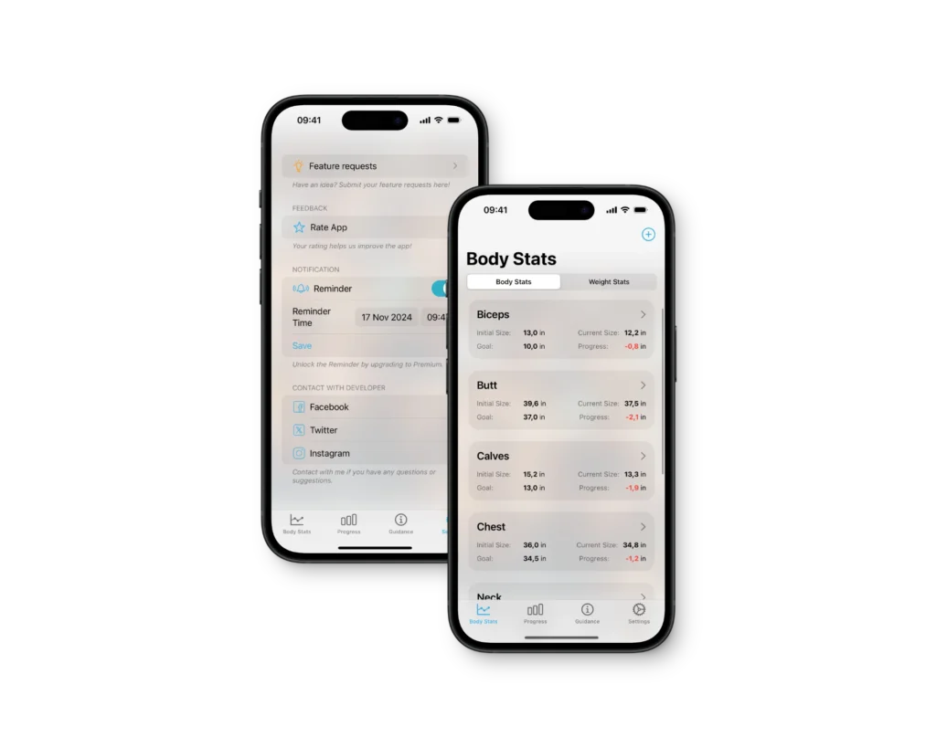 Fitness tracking app UI for iPhone, showcasing 'Feature Requests' with feedback submission and 'Body Stats' with detailed measurements for biceps, butt, calves, chest, and neck, including progress tracking and goal setting. Also displays reminder settings and social media contact options.