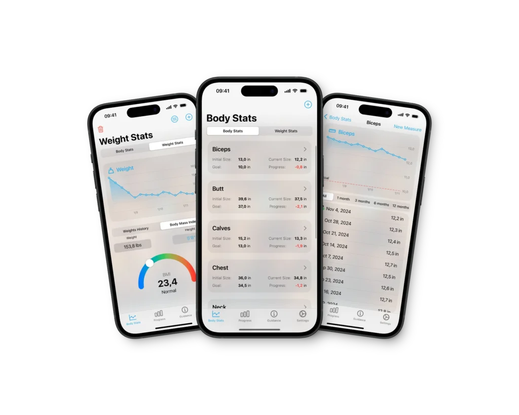 Three smartphone screens displaying the Body Measurement Tracker App interface. The left screen shows 'Weight Stats' with a weight progress graph, BMI indicator, and weight history details. The middle screen presents 'Body Stats' with measurements for biceps, butt, calves, chest, and neck, listing initial size, current size, goals, and progress. The right screen focuses on detailed biceps tracking with a graph and historical measurement entries over time. The app's modern design emphasizes fitness progress tracking and goal setting.