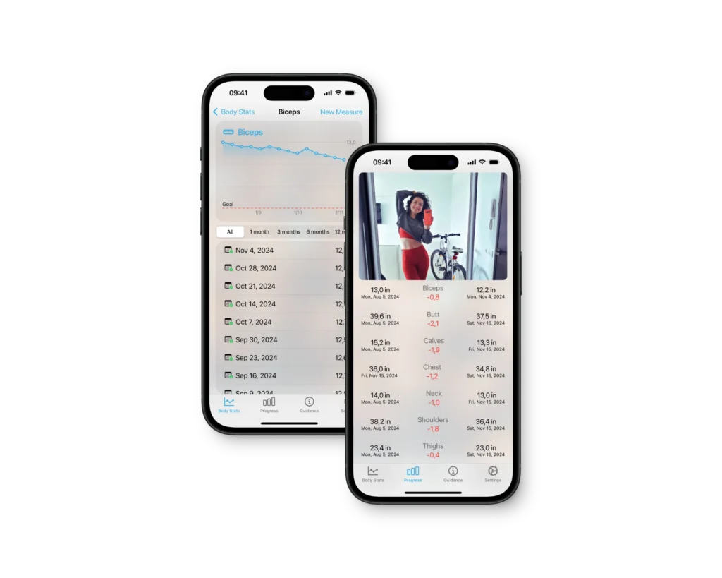 Two smartphone screens showcasing features of the Body Measurement Tracker App. The left screen displays a biceps progress graph with a list of measurements over time, including dates and corresponding sizes. The right screen shows a detailed progress overview for various body parts, including biceps, butt, calves, chest, neck, shoulders, and thighs, with changes in measurements highlighted in red for progress tracking. A photo of a user flexing in fitness attire is displayed to emphasize personal achievement and motivation.